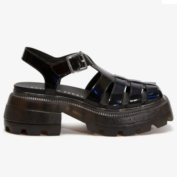 KATY PERRY THE GELI COMBAT BLACK HOLOGRAPHIC FISHERMAN PLATFORM SANDALS **NIB** - Picture 9 of 15